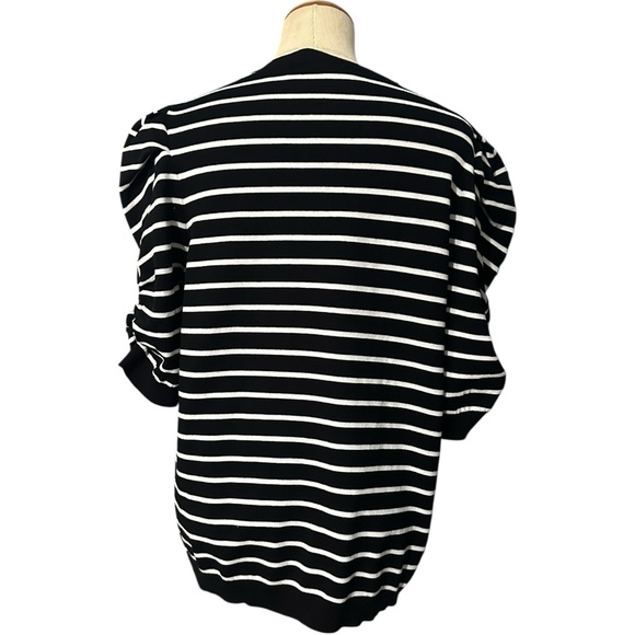 DKNY Crew Neck Striped Puff Sleeve Top Black White Size L - Picture 4 of 5